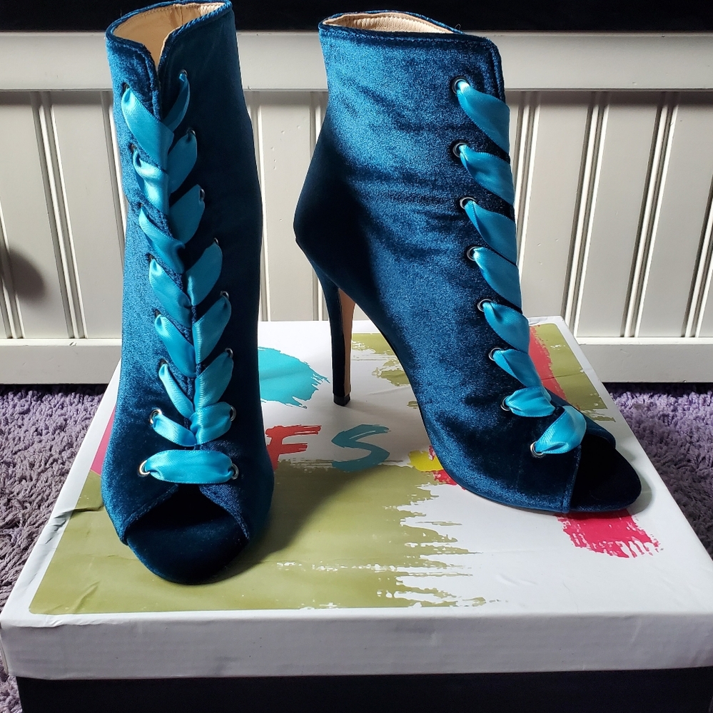 FSJ Peacock Blue/Teal Lace-up Velvet 4 inch Stiletto Heel Peep-Toe Ankle Boots